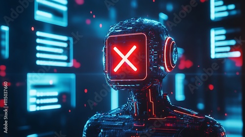Futuristic robot with red X error screen on its head in a digital environment.