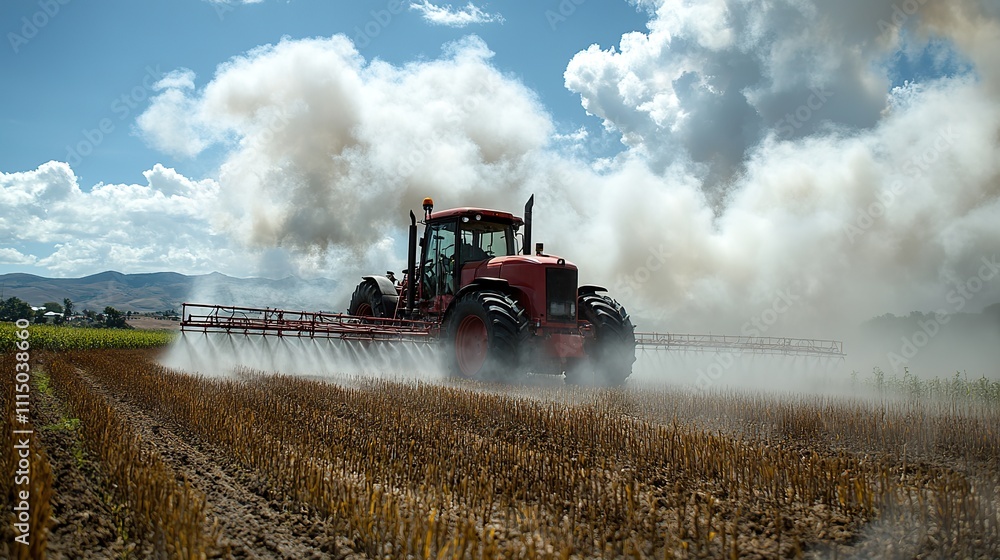 Fototapeta premium Farmer in a field spraying crops, showing the agricultural challenges associated with modern farming practices