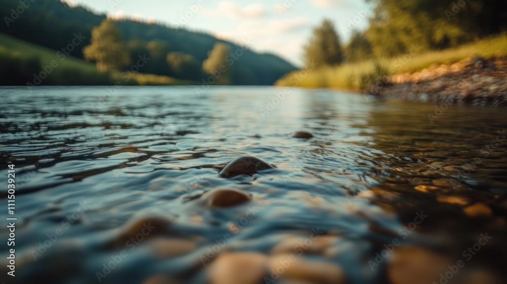 Fototapeta premium Tranquil river scene with smooth stones and greenery 