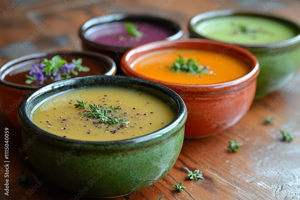 A Variety of Colorful Bowls of Garnished Soups. Generative Ai A Variety of Colorful Bowls of Garnished Soups. Generative Ai