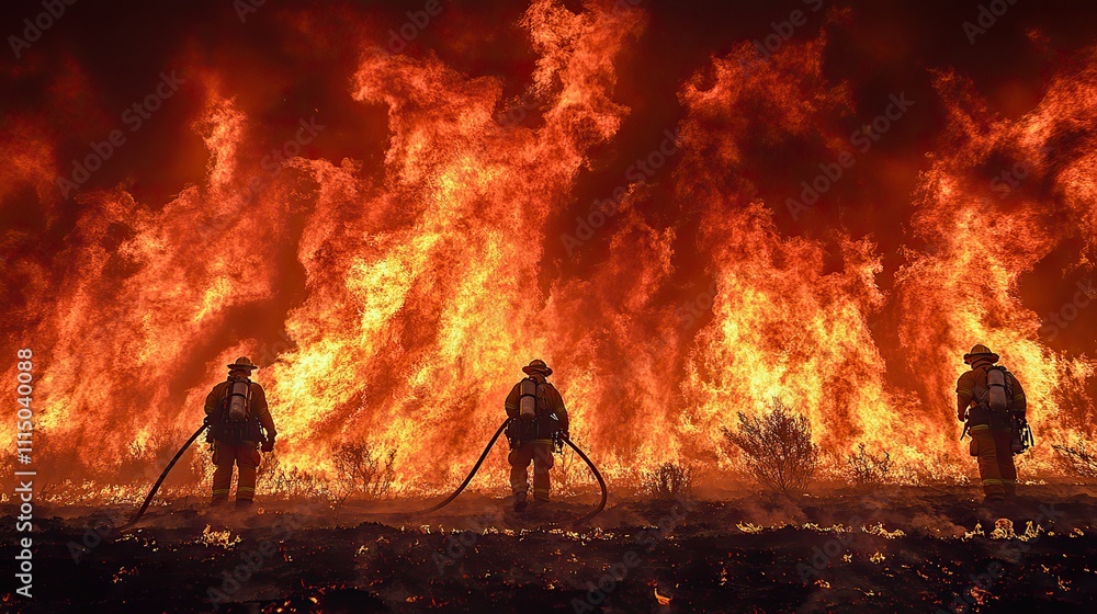 Fototapeta premium Firefighters face intense flames as they battle wildfires, a growing threat due to climate change and global warming