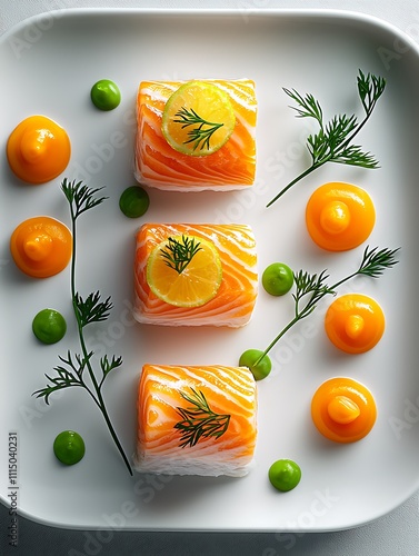 Gourmet Salmon Cubes with Citrus, Herbs, and Sauces on a White Plate. photo