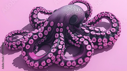  pink octopus with intricate tentacles rests on smooth surface. Its unique texture and color photo