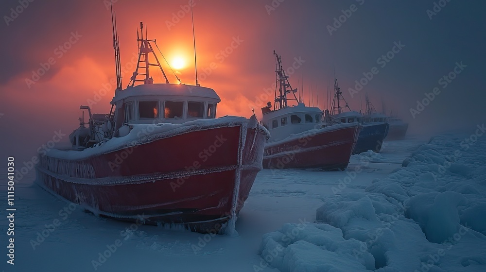Fototapeta premium Fishing boats frozen into the sea ice under the winter night sky show how the cold and harsh conditions of the Arctic are affected by climate change