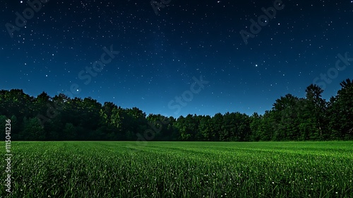 A lush field of grass extending into a forest under a brilliant starry night