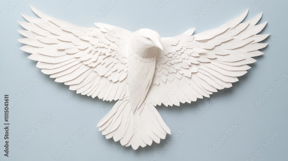 Obraz premium Intricate Paper Sculpture of a Majestic Bird in Flight with Extended Wings, Created with Precision and Artistic Detail for Home Decor or Art Display
