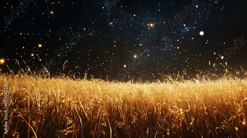 A field of golden grass under a dark sky filled with sparkling constellations photo