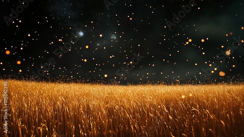 A field of golden grass under a dark sky filled with sparkling constellations photo