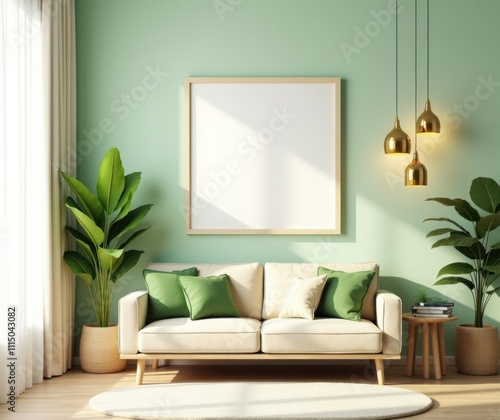 Mock up poster frame in home interior design of modern living room photo