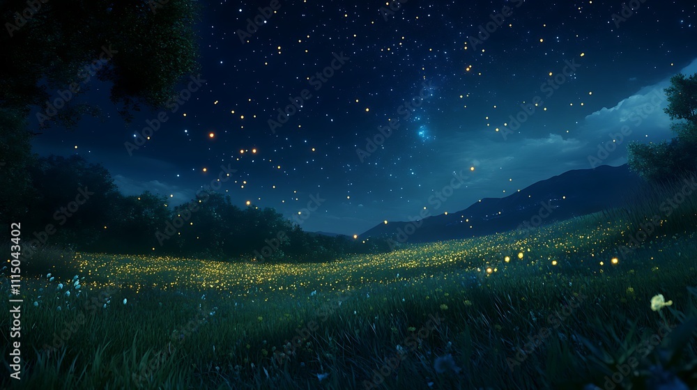 Naklejka premium A clear night with a meadow glowing faintly under the light of millions of stars