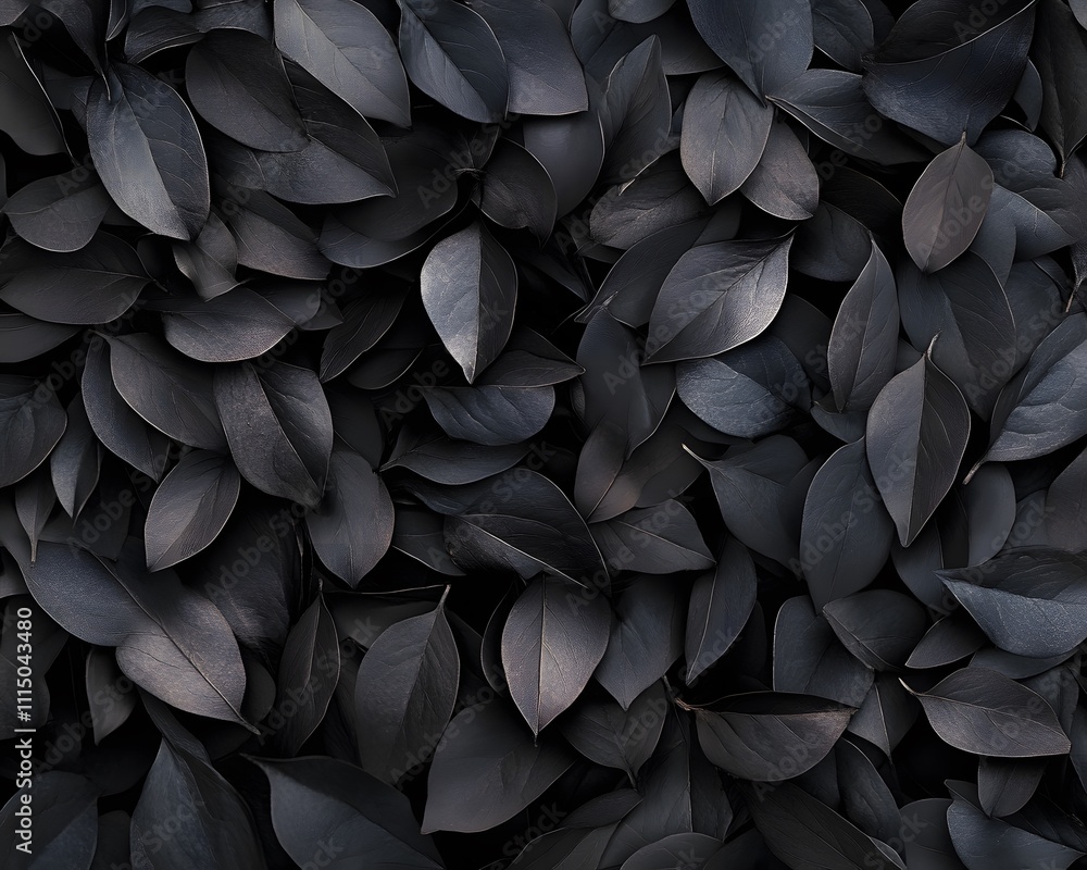 A dense arrangement of dark leaves creating a textured, monochromatic background. A dense arrangement of dark leaves creating a textured, monochromatic background.