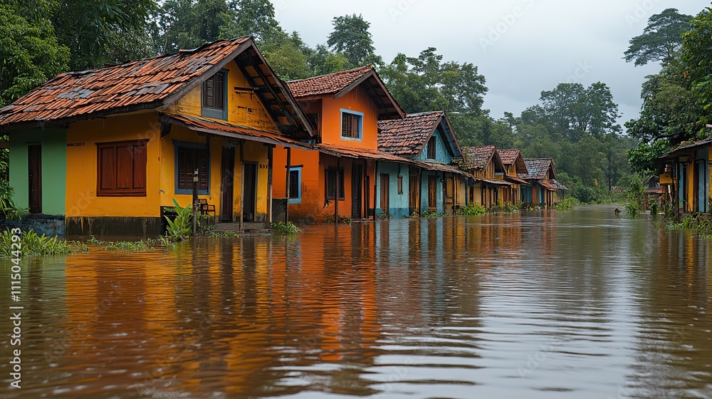 Obraz premium Flooded villages after intense rainfall demonstrate the catastrophic impact of global warming on communities across the world