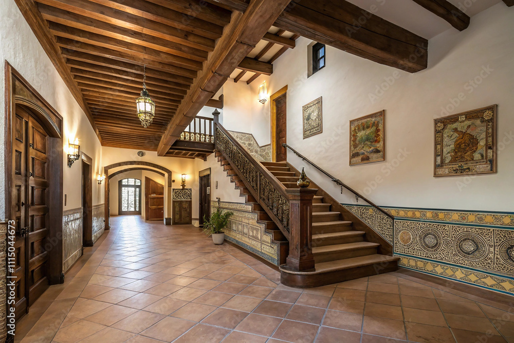 Large rustic interior hallway and stairs of large Spanish Villa Large rustic interior hallway and stairs of large Spanish Villa