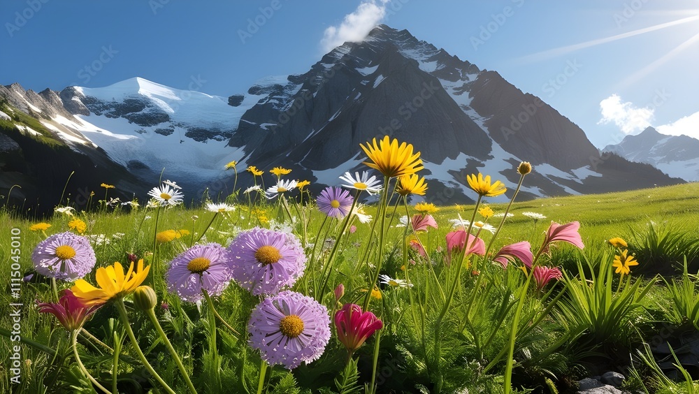 Fototapeta premium /imagine: A serene alpine meadow with wildflowers and a snow-capped mountain in the distance under a clear blue sky --ar 3:2 --v 4