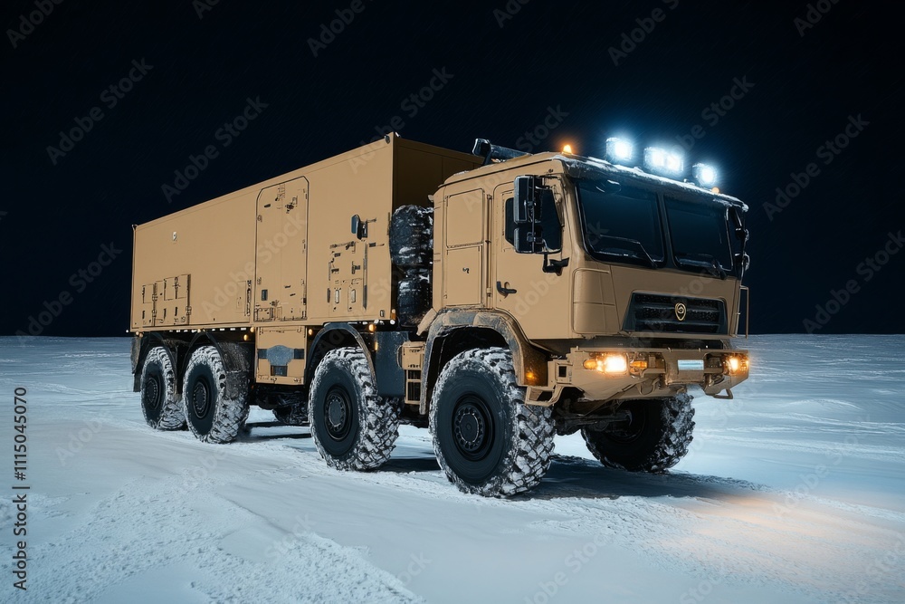 Obraz premium Heavy-duty military truck navigating through a snowy landscape at nighttime with bright lights illuminating the path