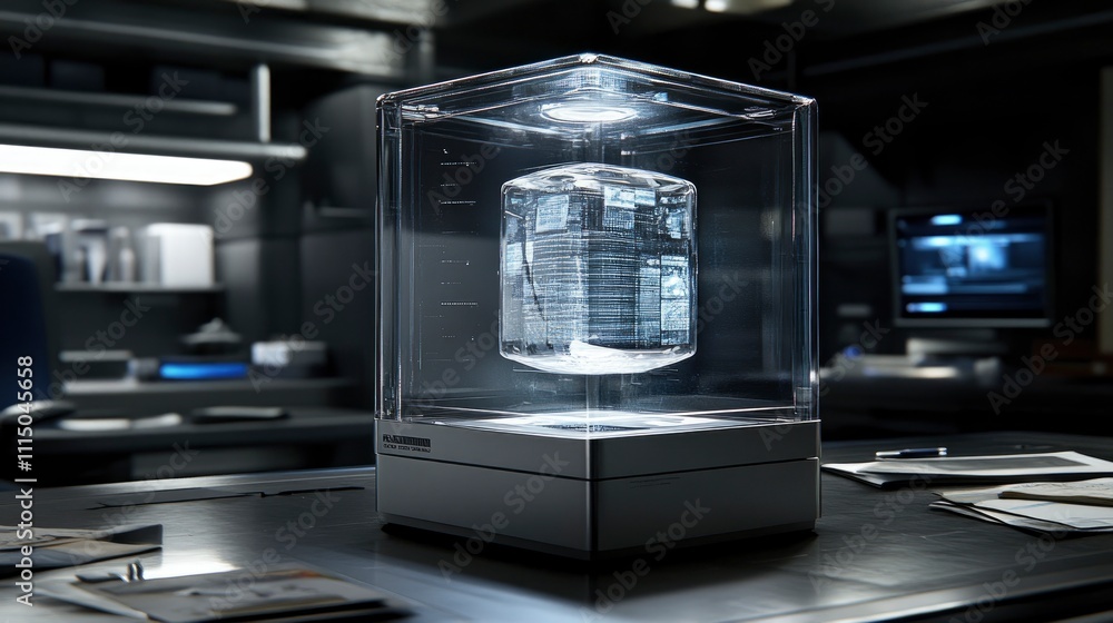 Futuristic display of a crystal cylinder in a modern lab Futuristic display of a crystal cylinder in a modern lab