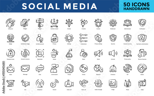 Social Media icon set with influencer, blogger, vlogger, content creator, creator, creative, curator, moderator, administrator, verification icon. Simple handdrawn vector 
