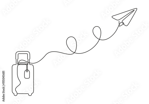 Suitcase and paper airplane continuous one line drawing. Vacation with luggage and travel baggage concept in simple linear style. Air trip and journey banner. Vector illustration