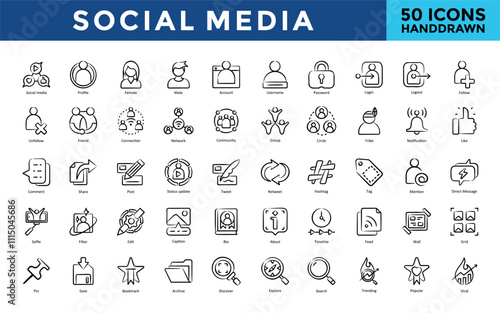 Social Media icon set with social media, profile, female, male, account, username, password, login, logout, follow icon. Simple handdrawn vector 
