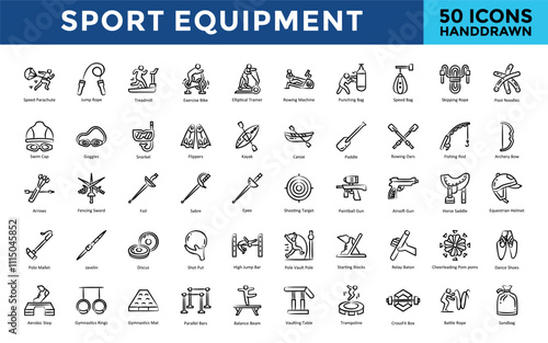 Sport equipment icon set with swim cap, goggles, snorkel, flippers, kayak, canoe, paddle, rowing oars, fishing rod, archery bow icon. Simple handdrawn vector 
