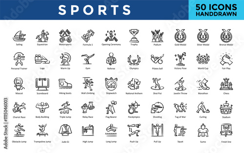 Sports icon set with sailing, equestrian, motorsports, formula 1, opening, ceremony, trophy, podium, gold medal, silver medal , bronze medal icon. Simple handdrawn vector 
