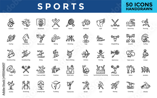 Sports icon set with football, soccer, basketball, baseball, tennis, volleyball, golf, hockey, swimming, running icon. Simple handdrawn vector 
