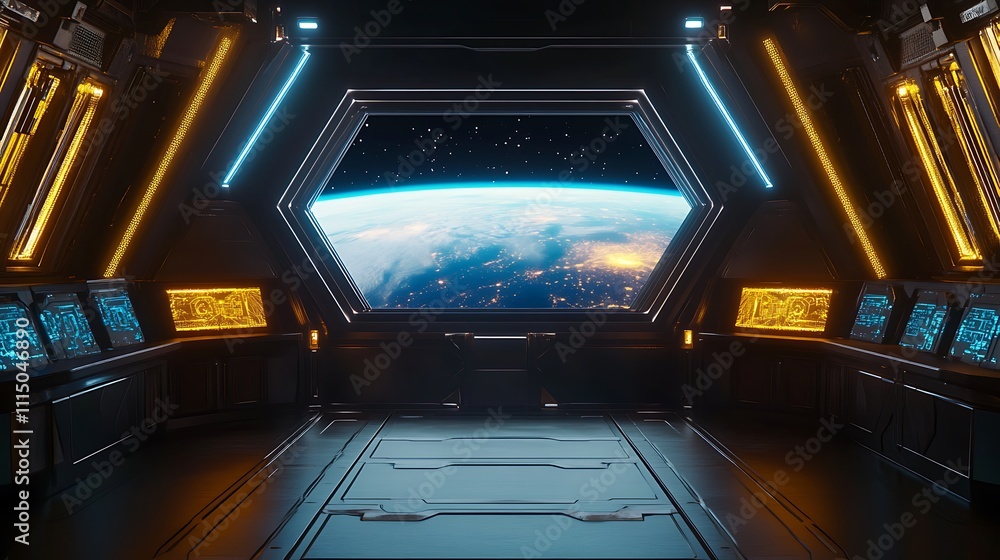 Obraz premium Spaceship interior with Earth view from hexagonal window.