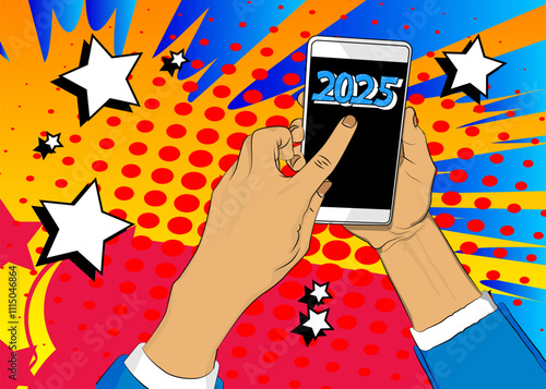 Cartoon Smartphone, comic book Telephone with 2025. Retro vector comics pop art design.