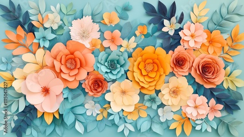 Beautiful Paper Art Design Featuring Colorful Floral Arrangement with Various Flowers and Leaves on Soft Blue Background