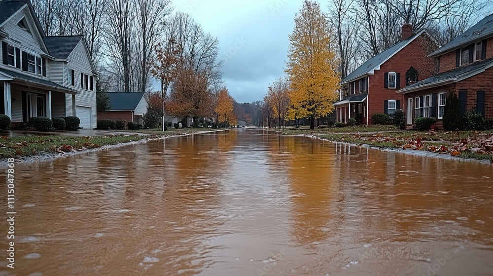 Obraz premium Floodwaters submerging roads and homes in rural towns, reflecting the vulnerability of small communities to extreme weather
