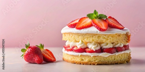 Strawberry shortcake with a slice cut out on pastel background, strawberry, shortcake, dessert, slice, cut out, pastel, background
