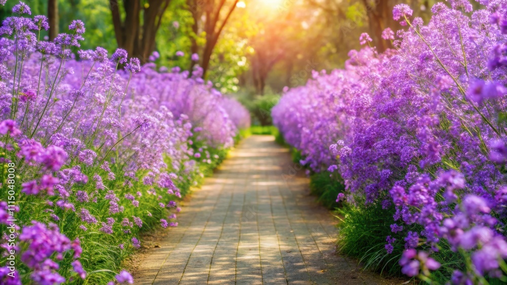 Obraz premium Garden walkway surrounded by blooming purple Murdannia Giganteum wildflowers in natural sunlight , Meadow