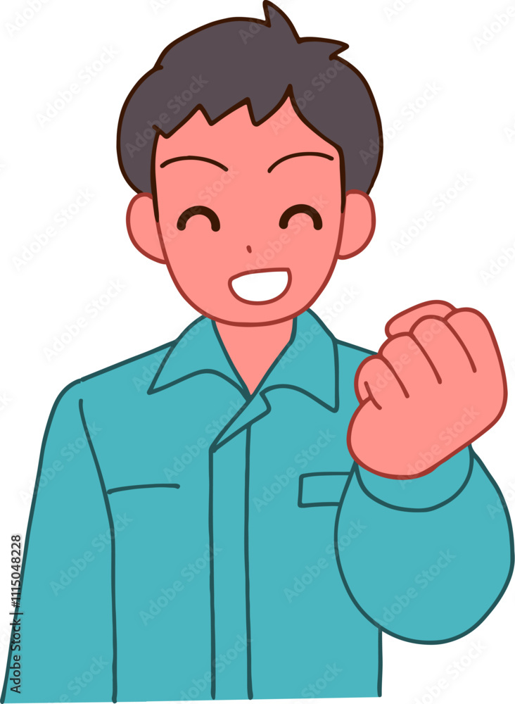 Fototapeta premium 作業服を着たガッツポーズする笑顔のデフォルメ男性のイラスト