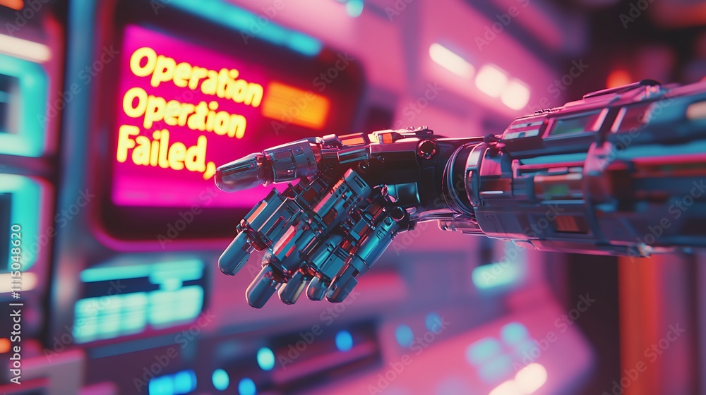 Naklejka premium Robotic hand reaching towards an error message on a futuristic control panel.