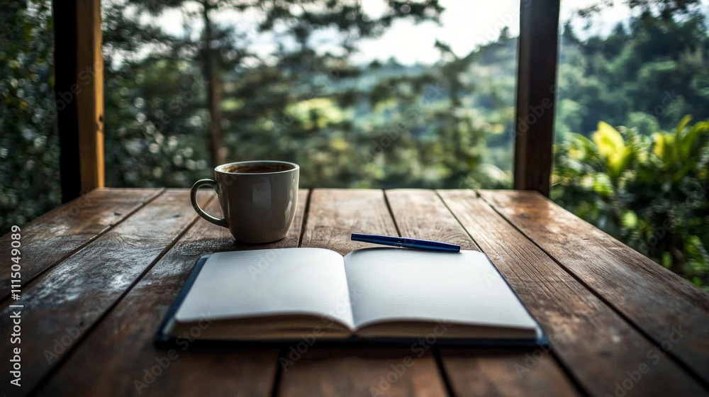 Fototapeta premium Tranquil Journaling Concept with Open Notebook for Personal Reflection and Creativity in Serene Setting