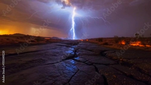 A powerful storm casting dark clouds unleashes a striking bolt of lightning over the iconic red desert landscape of monument valley