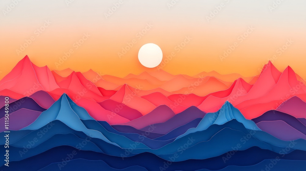 Fototapeta premium Serene Abstract Landscape with Stylized Pink and Blue Mountains Under a Soft Sun in a Gradual Orange Sky during Sunset Hours