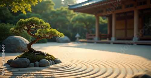 Bonsai tree in zen garden near traditional Japanese building
