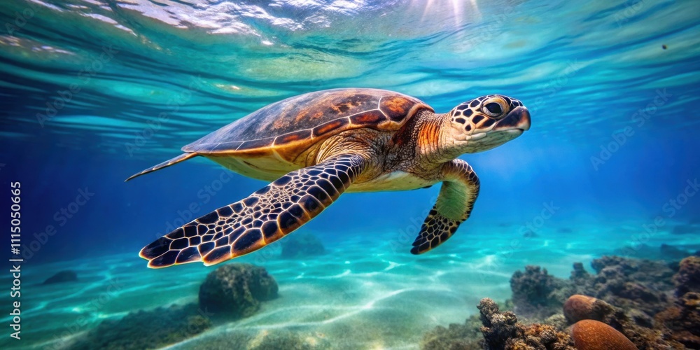 Obraz premium Beautiful Hawksbill Sea Turtle swimming gracefully in the crystal clear waters of the Indian Ocean
