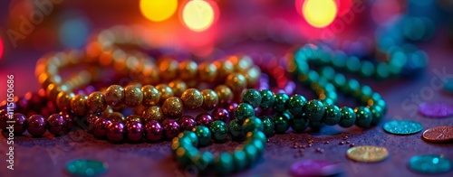 Colorful Mardi Gras beads and coins in festive lighting