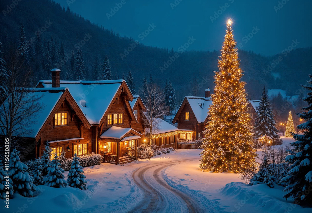 A snowy village at night with warm golden lights glowing from every house and a giant decorated Christmas tree A snowy village at night with warm golden lights glowing from every house and a giant decorated Christmas tree
