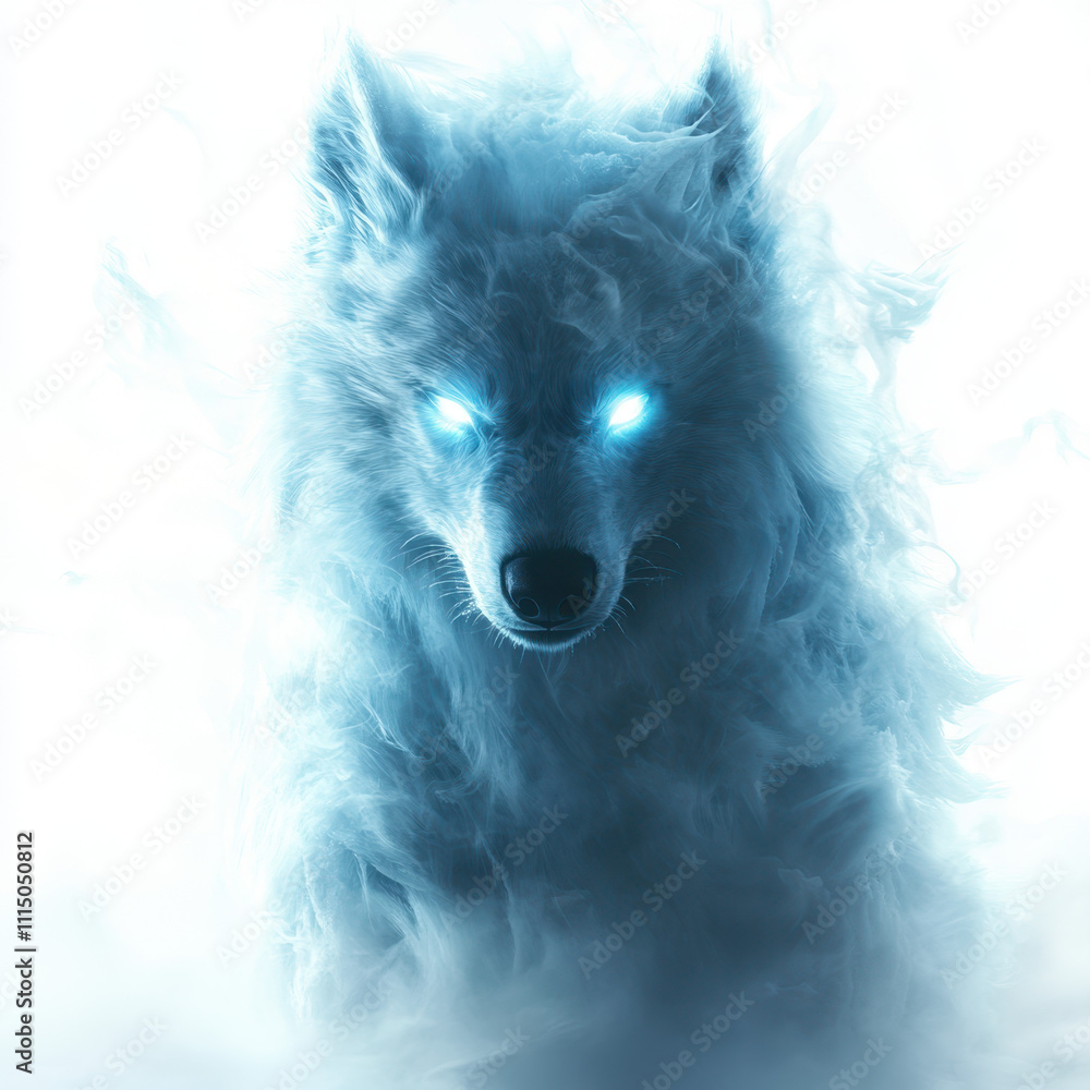 Obraz premium radiant frost wolf with glowing icy eyes emerges from mist