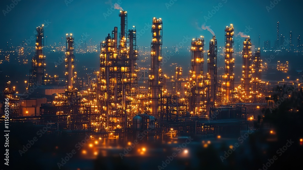 Fototapeta premium Glittering lights from the petrochemical industry shine against the night sky