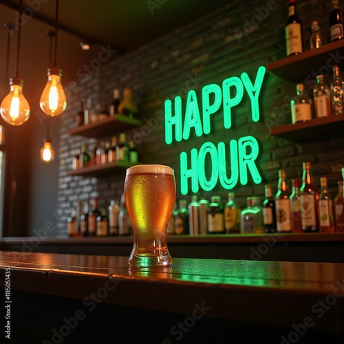 Happy hour neon sign with beer glass in bar