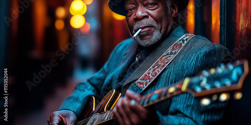 Senior bluesman playing guitar and smoking a cigarette in a jazz club photo