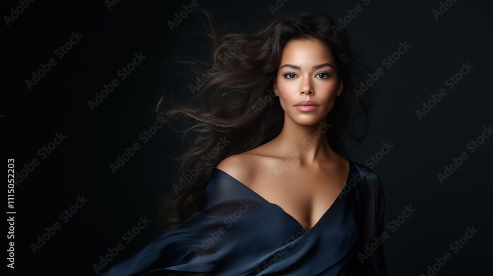 Fototapeta premium Fashion model posing with flowing hair and elegant dress on black background