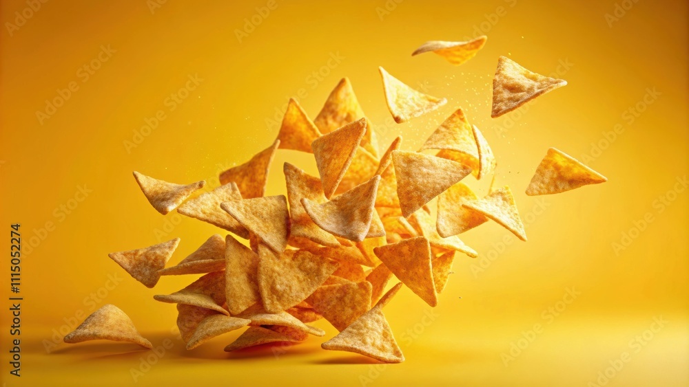 Obraz premium Frozen motion of flying fried tortilla nachos chips on gradient yellow background, tortilla chips