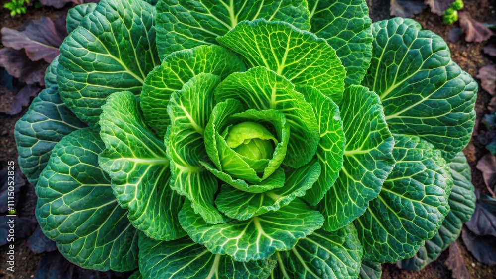 Fototapeta premium Overhead view of a vibrant green cabbage plant in a garden, cabbage, plant, green, vegetable, leaves, organic, agriculture
