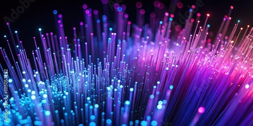 Abstract purple blue particles of fiber optics , technology, digital, network, communication, data, futuristic, cyber
