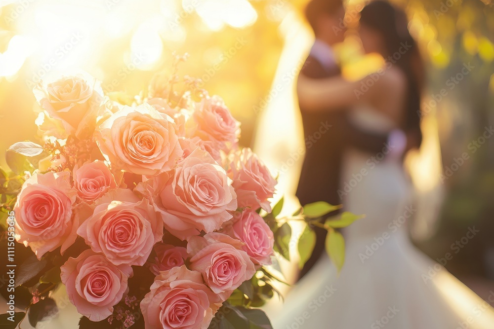 Obraz premium A romantic and elegant image showing a wedding couple embracing in the background